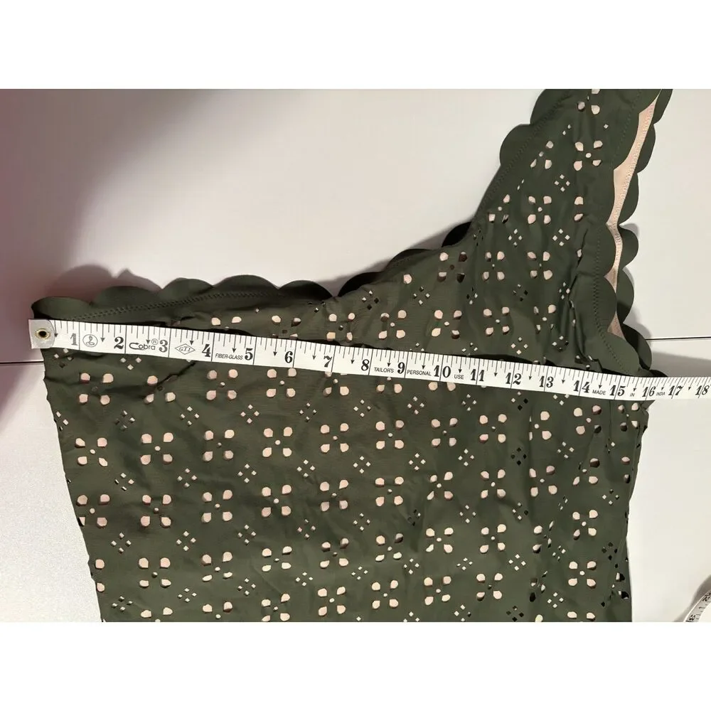 One Shoulder One Piece Olive Green Scallop Trim Swimsuit